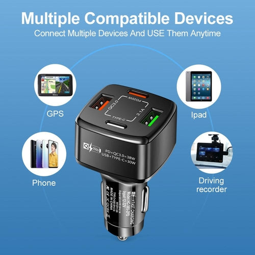 4-Port USB Car Charger with 3-in-1 Cable - Fast Charging Combo