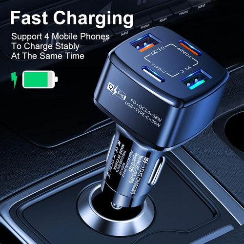 4-Port USB Car Charger with 3-in-1 Cable - Fast Charging Combo