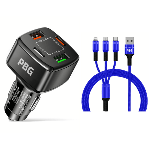 4-Port USB Car Charger with 3-in-1 Cable - Fast Charging Combo