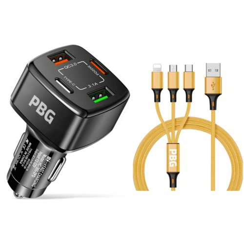 4-Port USB Car Charger with 3-in-1 Cable - Fast Charging Combo