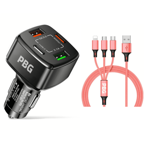 4-Port USB Car Charger with 3-in-1 Cable - Fast Charging Combo