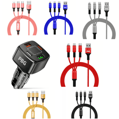 4-Port USB Car Charger with 3-in-1 Cable - Fast Charging Combo