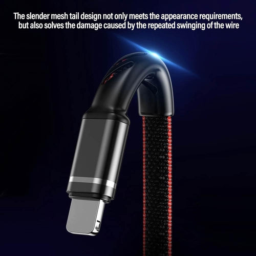 Black and red cable with a mesh tail design on a dark background