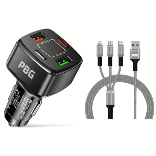 4-Port USB Car Charger with 3-in-1 Cable - Fast Charging Combo