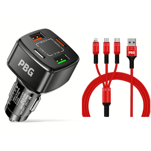 4-Port USB Car Charger with 3-in-1 Cable - Fast Charging Combo